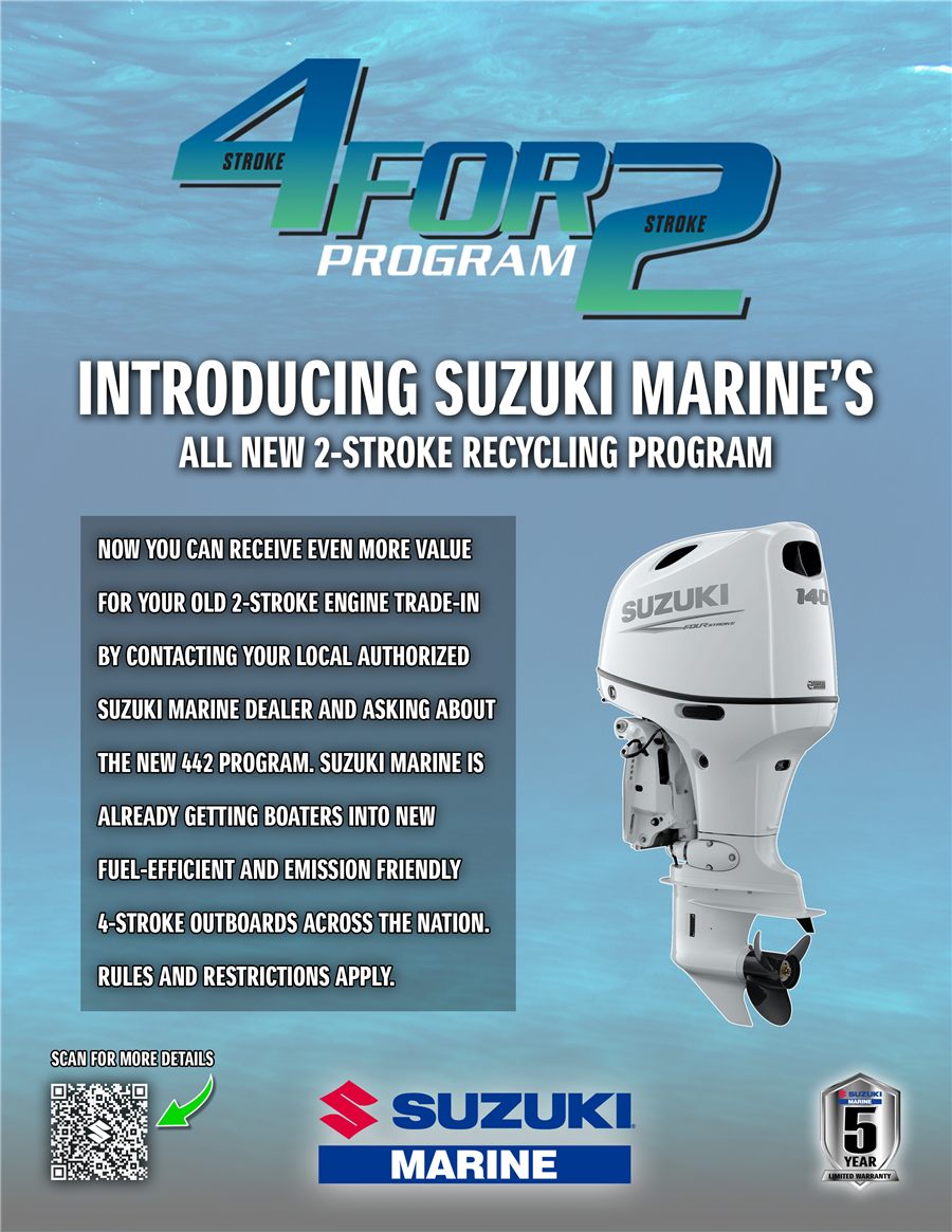 Suzuki Marine Four 4 Two Program flyer: trade in your old 2-stroke for additional value toward a new Suzuki 4-stroke outboard. Rules and restrictions apply.